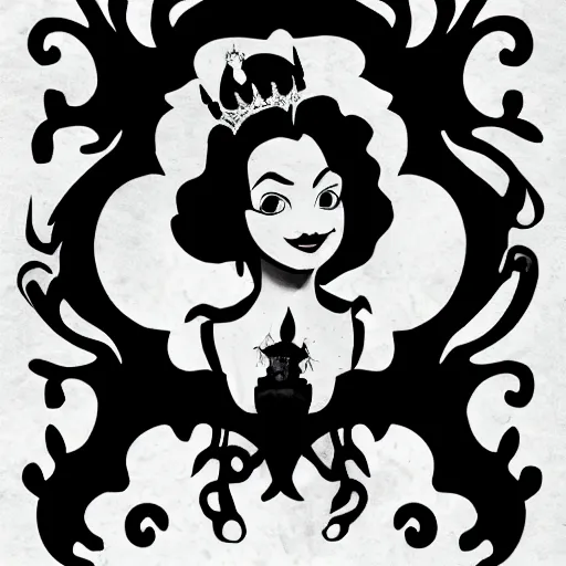 Prompt: the black silhouette of disney's evil queen in a gothic dark bedroom facing the camera. in a painting style.