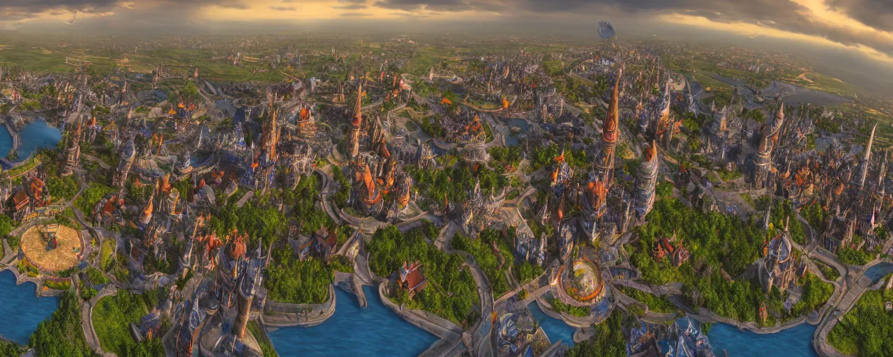 Image similar to Aerial view of Stormwind City, panorama, octane render, 8k resolution