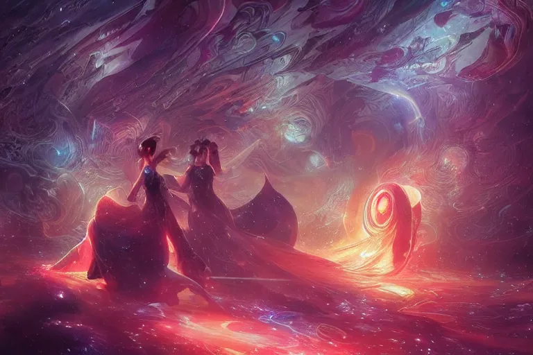 Prompt: transparent ghostly people in a nebula of sound, arcs of fiery neon light, swirling mystical particles and glowing musical notes floating, beautiful, intricate, highly detailed concept art by artgerm and greg rutkowski and android jones