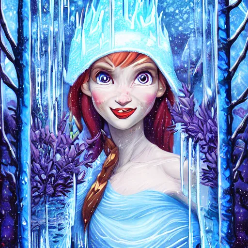 Image similar to dan mumford paint, a fantasy elf woman trapped and frozen trying to get out of a block of clear ice, with frozen flowers around her