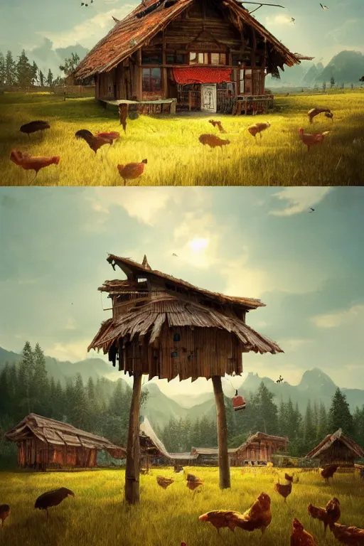 Prompt: an awesome twilight day concept art of giant old hut mixed with giant chicken, by kengo kuma and wes anderson with village, mixed development, cgsociety, fantastic realism, artstation hq