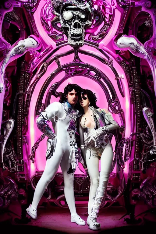 Image similar to full-body rococo and cyberpunk style neon statue of a young attractive Joe Jonas macho dotado e rico android sim roupa reclining con las piernas abertas e la piroca dura, glowing white laser eyes, prince crown of pink gears, diamonds, swirling silver-colored silk fabric. futuristic elements. full-length view. space robots. human skulls. intricate artwork by caravaggio. Trending on artstation, octane render, cinematic lighting from the right, hyper realism, octane render, 8k, depth of field, 3D