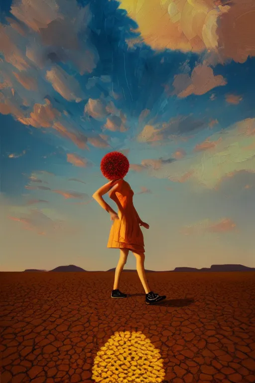 Image similar to giant corn flower head, girl walking in the desert, surreal photography, sunrise, dramatic light, impressionist painting, colorful clouds, digital painting, artstation, simon stalenhag