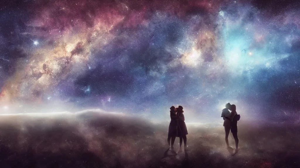 Prompt: two people kissing in space, milky way, concept art, ethereal, mystical feel, artstation, glow in stars, fog in background, meteor shower on the side, planets on the distant, cinematic scenery,