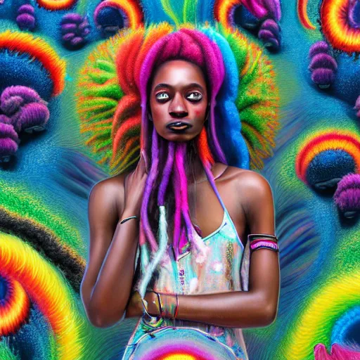 Image similar to a wide angle shot of a black girl with colorful dreadlocks in a field of candy, by Adi granov and afarin sajedi and amanda sage and evgeni gordiets and Agostino Arrivabene and adonna khare in a psychedelic portrait style, ultrarealistic matte painting, volumetric lighting, fractal, extremely symmetrical, highly detailed face, orisha, 8k, hd