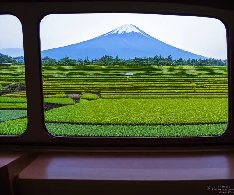 Image similar to a photo of mount fuji, japanese landscape, rice paddies, seen from a window of a train. cinematic lighting.