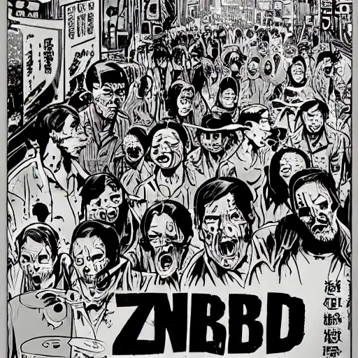 Prompt: glossy old advertising poster, the walking dead, man walking through crowded hong kong street, zombies, horror, drawn comic by junji ito, pastels, gradient