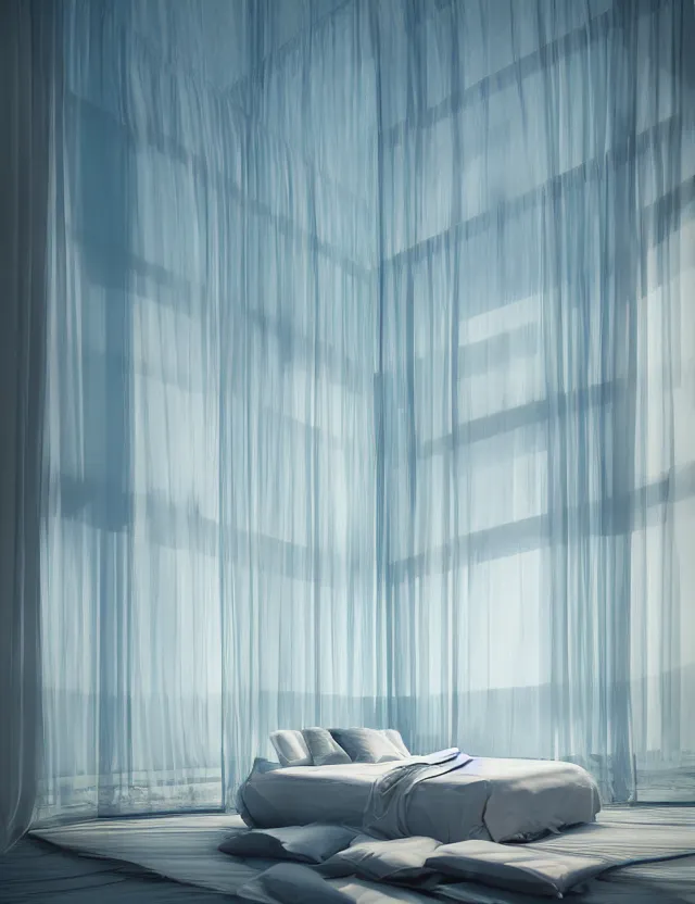 Prompt: dreamlike photo of floating bed in a giant glass room with huge windows opening to glowing eternity, bright colors by andrzej sykut by lee madgewick, photorealistic, folded geometry, octane render, recursive, high contrast, pretty color, multiverse, labyrinthine