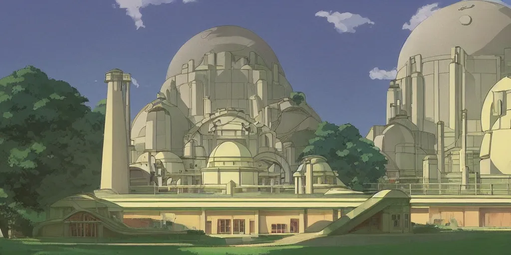 Image similar to A mysterious and godly domed reactor building in a city park, dieselpunk, by Studio Ghibli and Edward Hopper