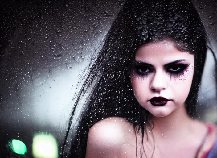 Prompt: closeup portrait of emo vampire goth selena gomez standing in the rain in a dark cyberpunk city, heavy make - up running down face, neon reflections in the puddles, portra 4 0 0 candid photograph portrait by annie leibovitz, 3 5 mm macro shot, f / 3 2, hyperrealistic, cinematic lighting, hd wallpaper, 8 k, 4 k