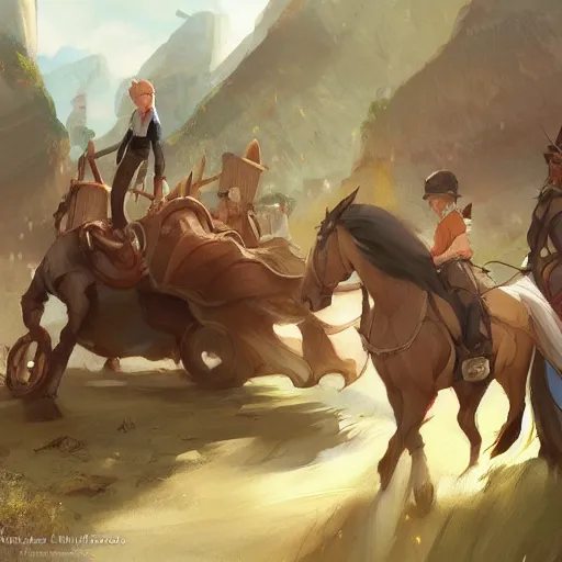 Prompt: a group of people riding on the backs of horses, a storybook illustration by krenz cushart, pixiv contest winner, fantasy art, official art, concept art, storybook illustration.