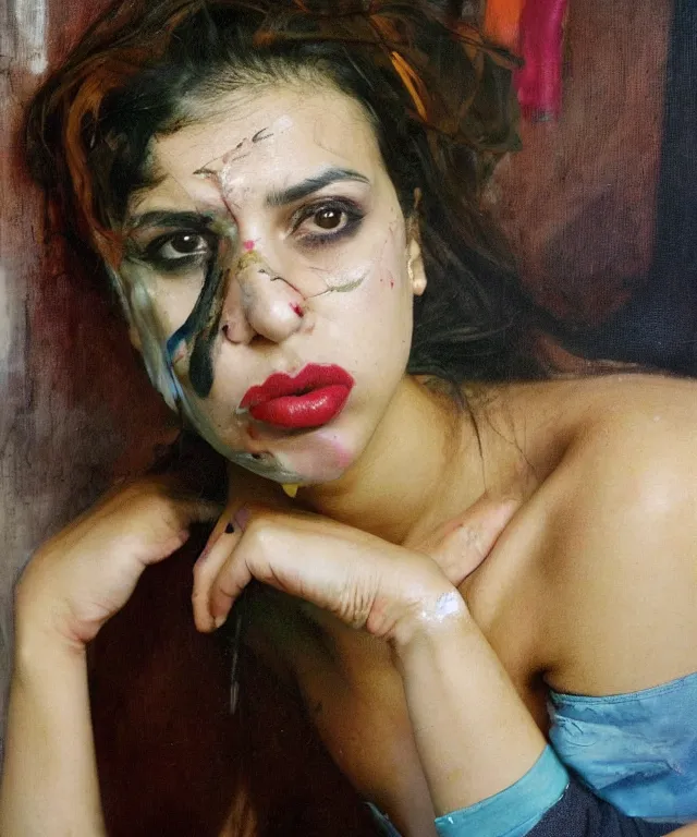 Image similar to a color photograph of persian young woman in her workplace, by nan goldin, out of place, intense, bold, exaggerated, over proportion, painted over by jenny saville, hyperrealistic, ultra sharp, extra details, ultra high quality,