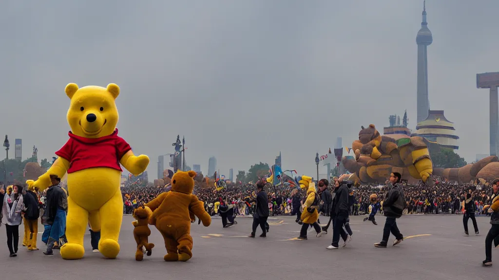 Prompt: giant winnie the pooh bear walking in the tiananmen square parade. andreas achenbach, artgerm, mikko lagerstedt, zack snyder, tokujin yoshioka