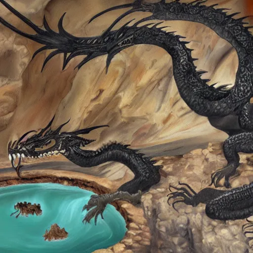 Image similar to highly detailed oil painting of a hotspring in a quartz cave with a black dragon sitting in the middle of it