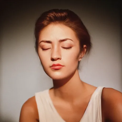 Prompt: Portrait photo of a famous actress posed in profile, eyes closed, natural makeup, studio lighting, highly detailed, cinestill 800t