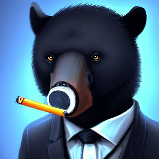 Image similar to a black bear wearing a suit and tie with a cigarette in his mouth, cyberpunk art by Cyril Rolando, featured on deviantart, furry art, furaffinity, smokey background, digital painting