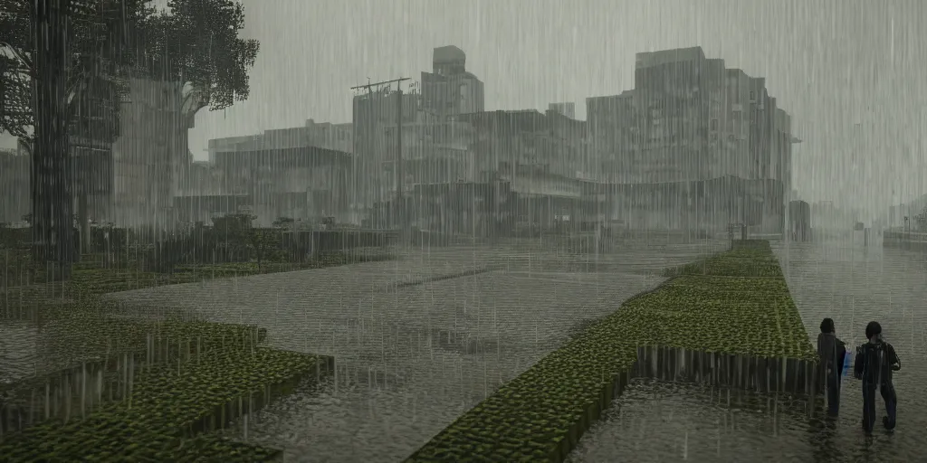 Image similar to heavy rain remake minecraft, Moebius, Greg Rutkowski, Zabrocki, Karlkka, Jayison Devadas, Phuoc Quan, trending on Artstation, 8K, ultra wide angle, zenith view, pincushion lens effect