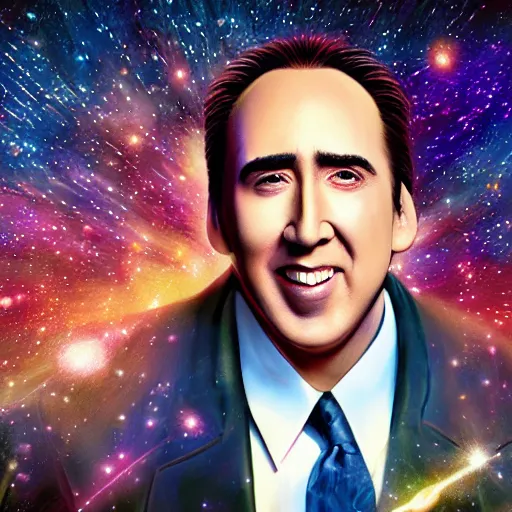 Image similar to nicholas cage very happy expression, cosmic starfield background digital art