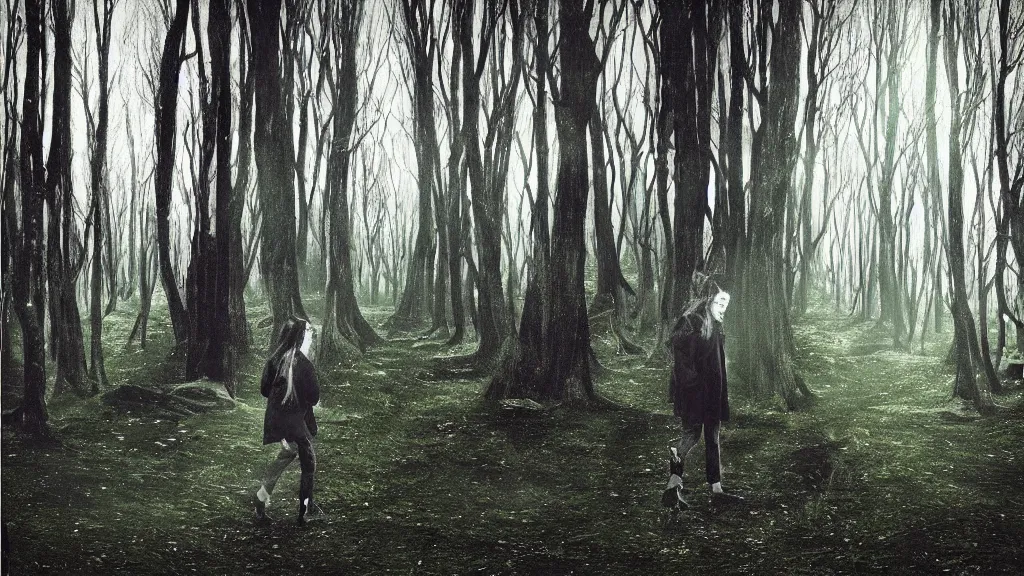 Image similar to “ a moog synthesizer with human legs walking through an enchanted forest ”