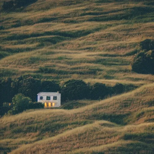 Prompt: very grainy photo of a house on a hill during dusk