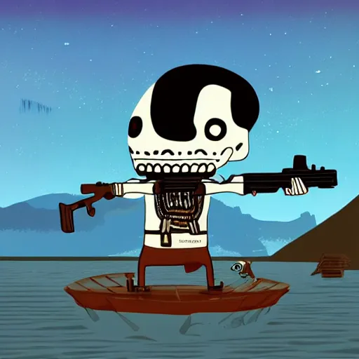 Image similar to digital art, trending on artstation, manny calavera sitting with a rifle, in a cabin, on a lake, sunrise, grim fandango style,