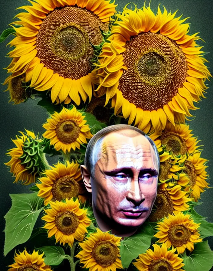 Image similar to photo portrait of Vladimir Putin - sunflowers - dressed in leisure suit with ornamental ethereal sunflower pattern, natural skin tone, highly detailed realistic flowers ornament in the upper side of breast, hair, eyebrows and wrinkles are intricate with highly detailed realistic flowers, elegant, Realistic, Refined, Highly Detailed, natural soft pastel lighting colors scheme, fine art photography by Cecil Beaton, volumetric lighting, hyper realistic photography