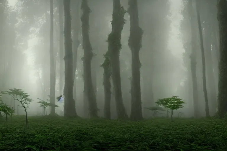 Image similar to a complex organic fractal 3 d ceramic humanoid megastructure in a lush forest, foggy, cinematic shot, photo still from movie by denis villeneuve