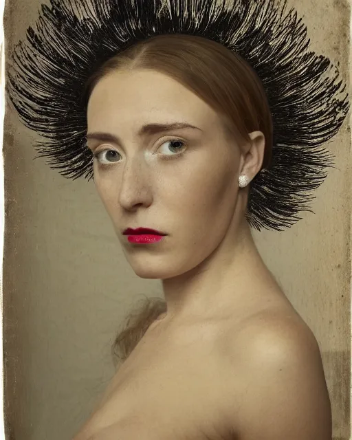 Image similar to a woman's face in profile, made of bird feathers, in the style of the dutch masters and gregory crewdson, dark and moody