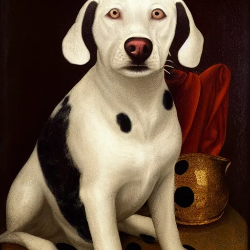 Prompt: renaissance painting of a white dog with big black spots sitting for a portrait