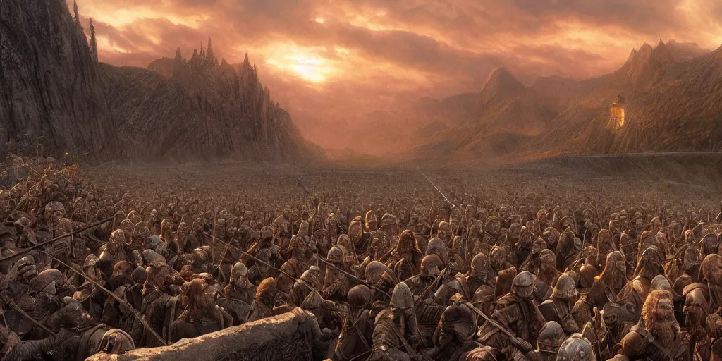 Image similar to Battle at Helm's Deep, golden hour, detailed matte painting, cinematic, Alan Lee, Artstation