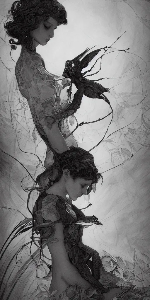 Image similar to highly detailed beautiful black and white photography of insects, mucha, sharp focus, dynamic lighting, elegant harmony, beauty, masterpiece, by riccardo federici, by james jean, by craig mullins, by lois van baarle, by makoto shinkai, illustration, ink draw, pen,