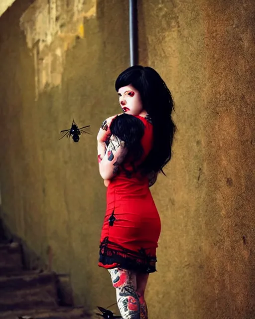 Prompt: cute female with intricate tattoos, crimson - black hair, wearing cute crimson - black bee - themed dress, cinematic lighting, beautiful composition