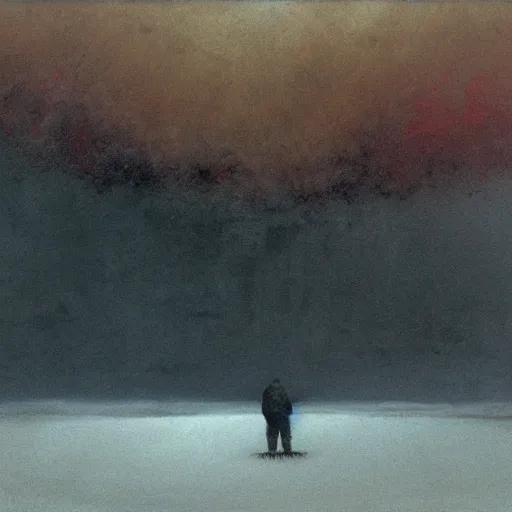Prompt: closeup of a lonely man in curled up position with black smoke, red women dancing and crying, snowy post apocalyptic field, painting by beksinski