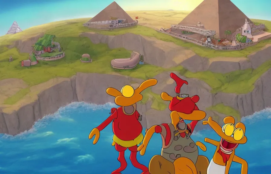 Image similar to a realistic cell - shaded cartoon of toejam and earl from howl's moving castle ( 2 0 0 4 ). in the background is a white pristine pyramid in the ocean. shafts of sunlight come from above. wide shot, very dull muted colors, hd, 4 k, hq