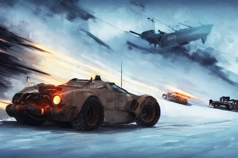 Image similar to dieselpunk digital illustration of mad max's military mclaren f 1 speeding across a frozen lake by makoto shinkai, ilya kuvshinov, lois van baarle, rossdraws, basquiat