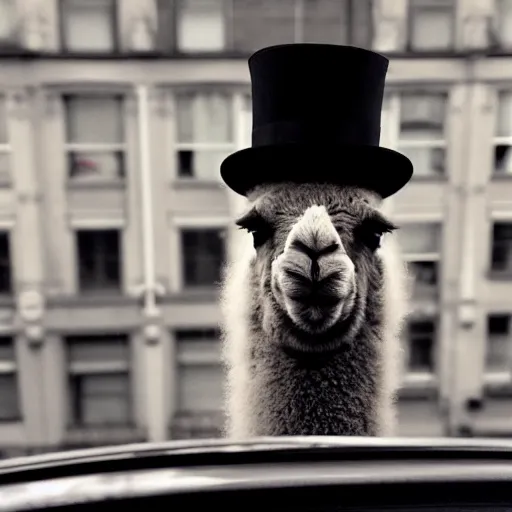 Prompt: <photograph accurate=true quality=very-high>looking out the window at a busy city street</photograph><photobomb>alpaca wearing top hat</photobomb>