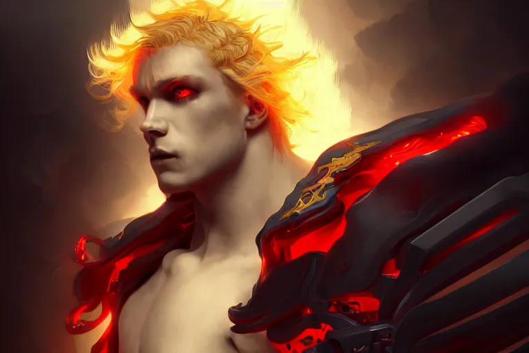Prompt: digital art of a pale menacing male Cyborg Angel of Battle with fluffy blond curls of hair and piercing red eyes, gilded black cybernetics, he commands the fiery power of resonance and wrath, by WLOP, Artstation, CGsociety
