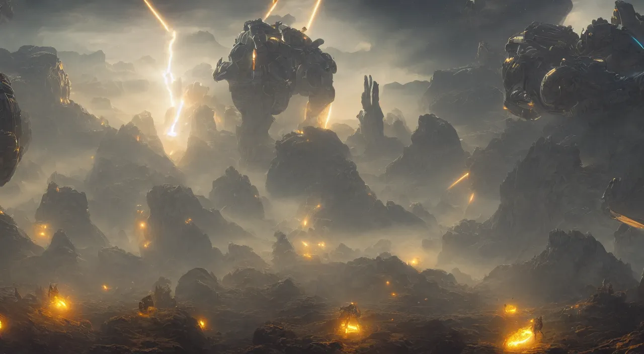 Image similar to the contra space war, high detailed, monster, robot, army, bill rizer, beautiful, stunning, gold mist, radiating power, energy, god rays, luminescence, by raphael lacoste, alphonse mucha, eddie del rio, greg rutkowski, 4 k, unreal engine, vray render, artstation