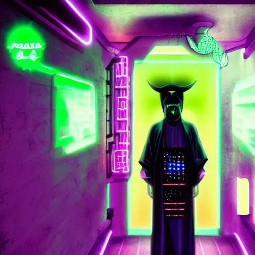 Prompt: neon cyberpunk priest