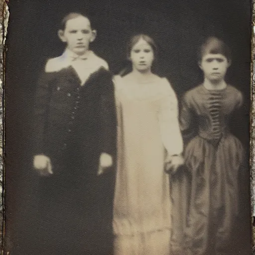 Image similar to Creepy cursed daguerreotype portrait photo of a 1800's family standing in front of house, alien abduction. Hyperrealism. Weirdcore