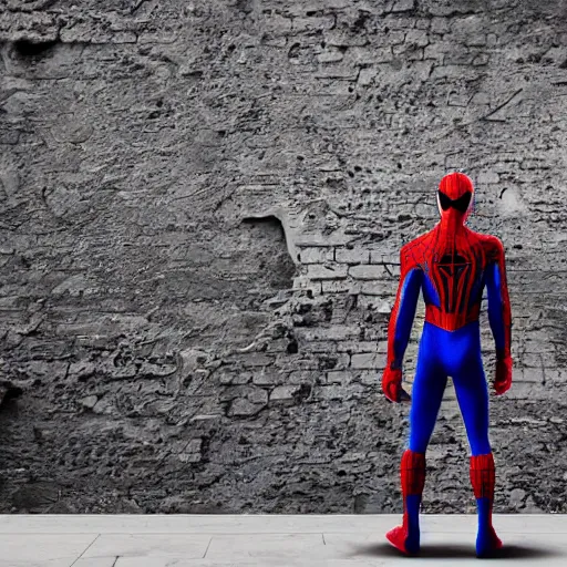 Image similar to the back of the spiderman standing in the streets of a fantastical fantasy city, extremely detailed and photorealistic, 8k