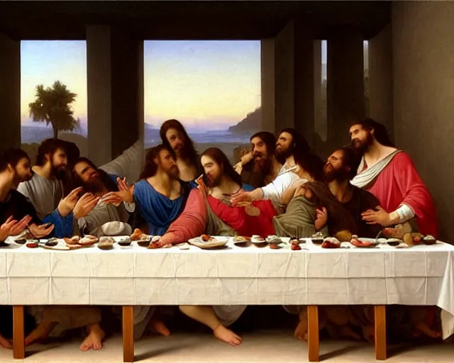 Image similar to beautiful glorious realistic oil painting of the last supper, baroque style by bouguereau, sunset, highly detailed and photorealistic, 8 k intricate