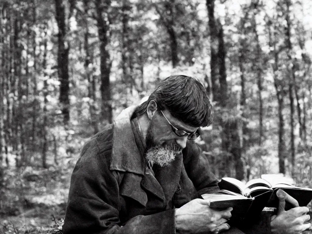 Prompt: portrait of a man with eye glasses reading in the forest. plane in the sky far away. tarkovsky