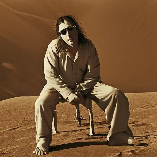 Image similar to photograph of maynard james keenan wearing pajamas in the desert