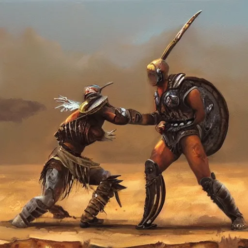 Image similar to Oil painting of an apocalyptic gladiator duel, sci-fi, wasteland