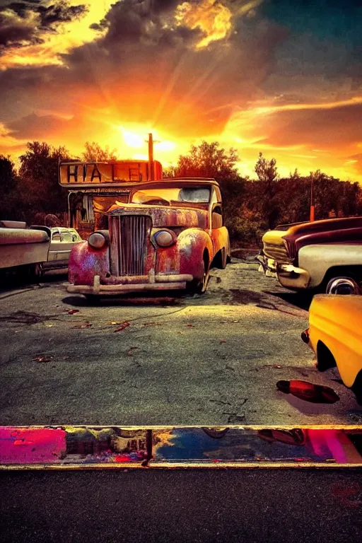 Image similar to a sunset light landscape with historical route 6 6, lots of sparkling details and sun ray ’ s, blinding backlight, smoke, volumetric lighting, colorful, octane, 3 5 mm, abandoned gas station, old rusty pickup - truck, beautiful epic colored reflections, very colorful heavenly, softlight