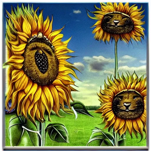 Image similar to lions and sunflowers 🌻🌫 in the style of salvador dali