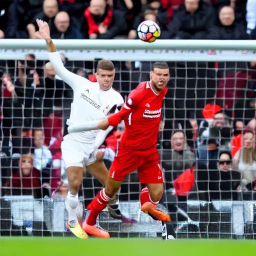 Prompt: Aleksandar Mitrovic tosses Jordan Henderson into the air then Cruyff turns Virgil Van Dijk. Fulham vs Liverpool