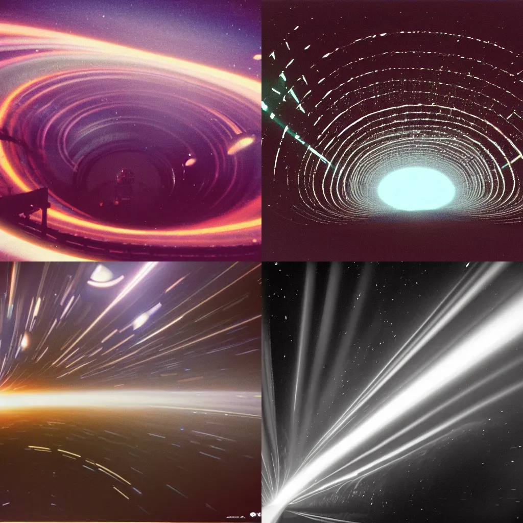 Prompt: A wide photo of a gigantic industrial spaceship, getting sucked into an interstellar wormhole, 35mm film, 30mm f/8, cinematic, lens flares