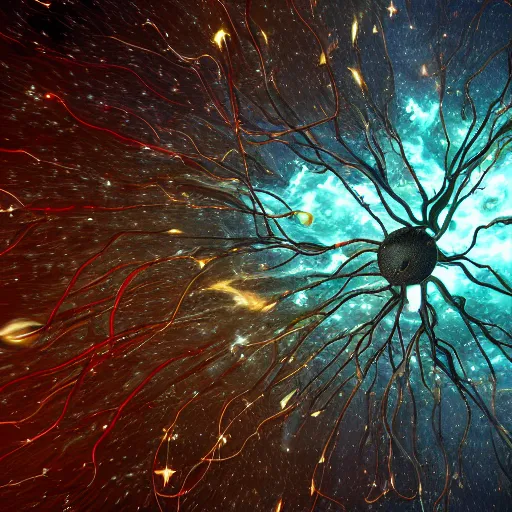 Image similar to army of interconnected neurons made of steel in space with hubble background, amazing, fire, splash, vray, 5 5 mm